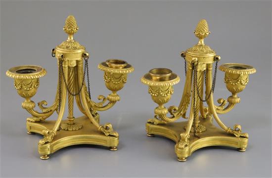 A pair of George III Empire style ormolu two-light candelabra, height 6.5in.